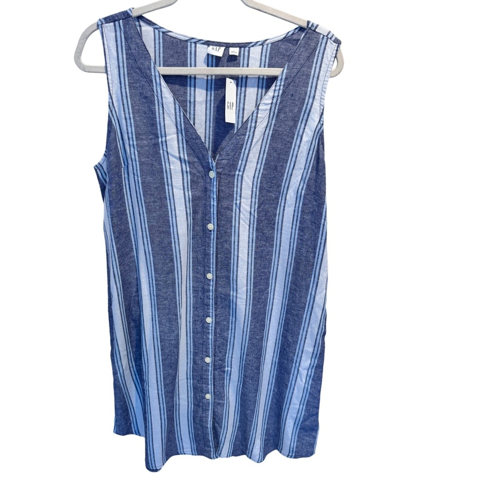 GAP Blue White Stripe Linen Blend V Neck Sleeveless Tunic Shirt Dress‎ Size L